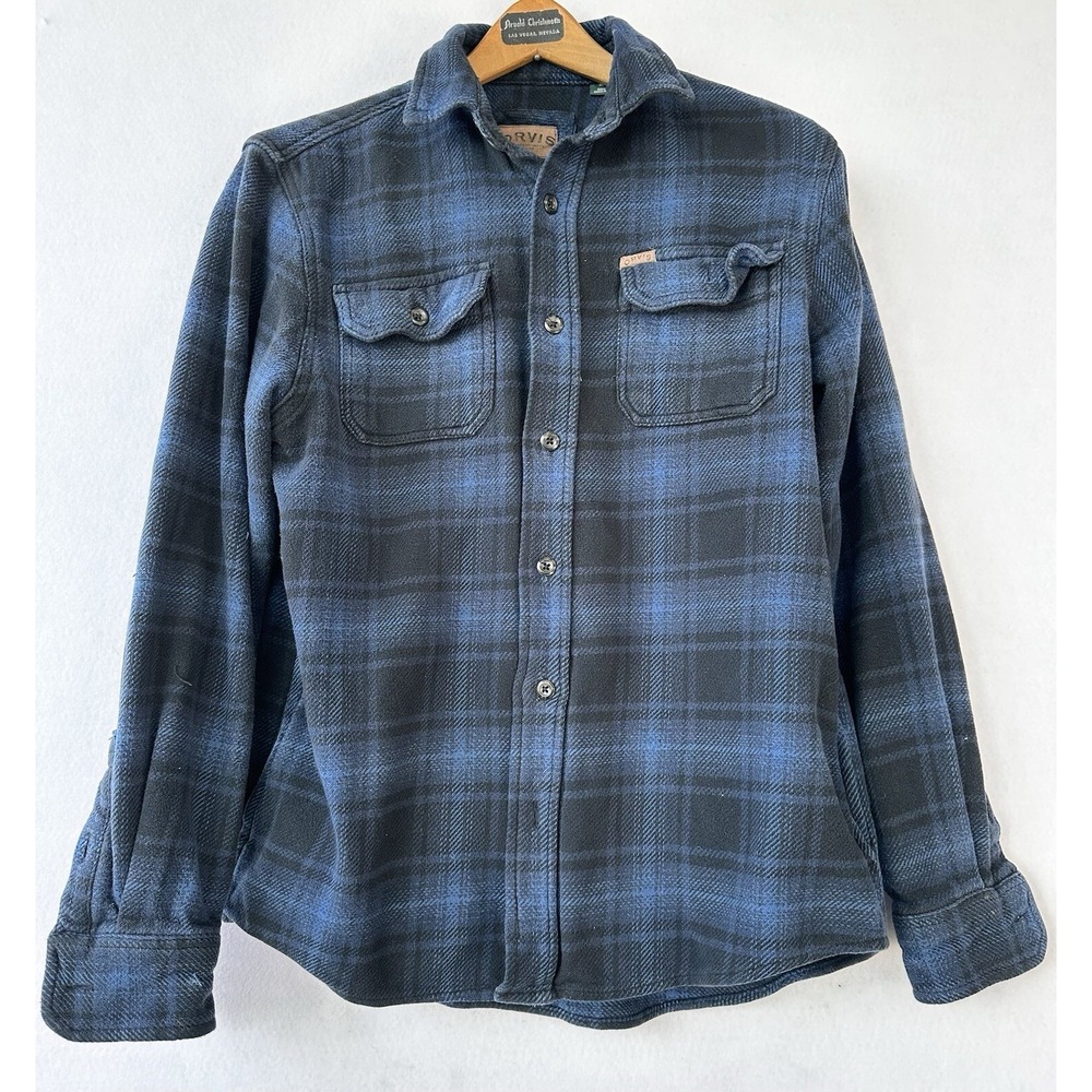 Orvis Flannel Shacket Over Shirt Men's M Blue & Black Plaid Soft Pockets Grunge